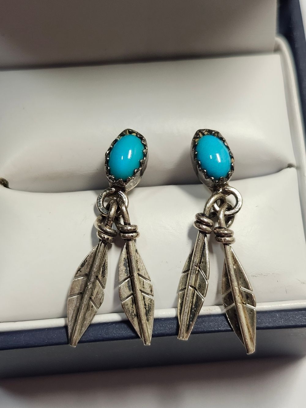 Turquoise Blue Feather Drop Earrings - Sterling Silver